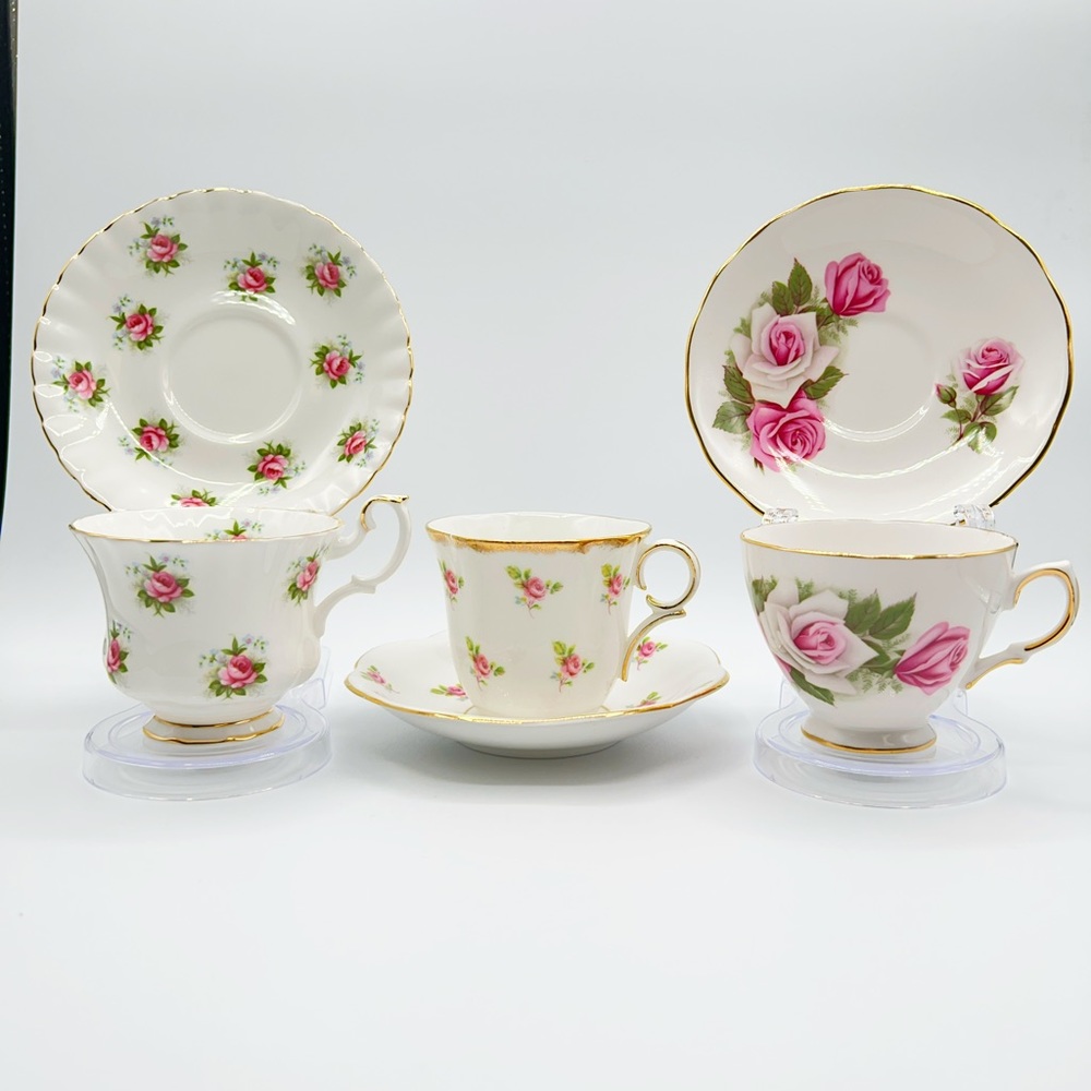 FLORAL lot of 3 vintage teacup sets
